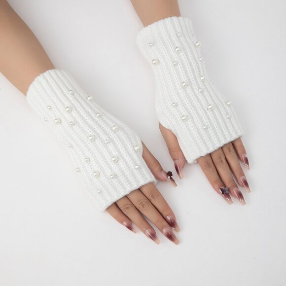 2/$30 Women's White Knitted Fingerless Gloves with Pearl Accents Winter Fall - Picture 1 of 5